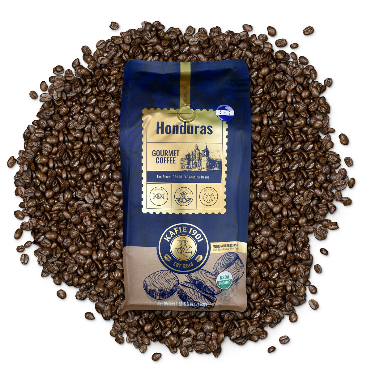 Kafie 1901 Honduras Marcala organic whole bean coffee, 1 lb bag on a pile of roasted coffee beans