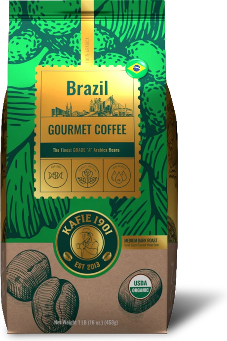 Organic Brazil Cerrado whole bean coffee, 1 lb bag, medium dark roast by Kafie 1901