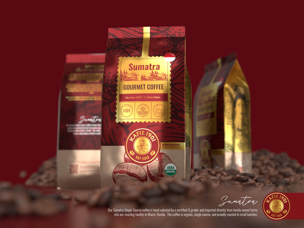 Kafie 1901 Sumatra single origin organic coffee bag displayed with roasted whole beans