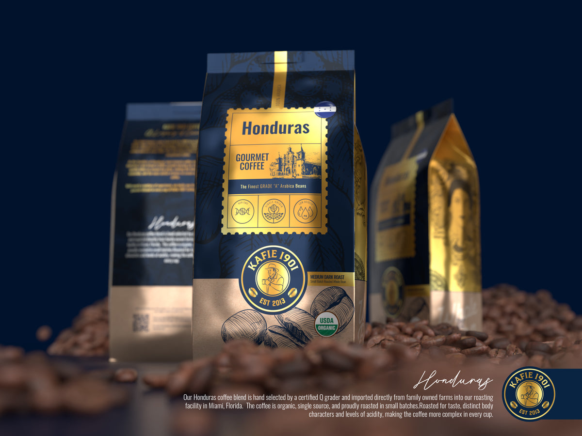 Kafie 1901 Honduras single origin organic coffee bag displayed with roasted whole beans