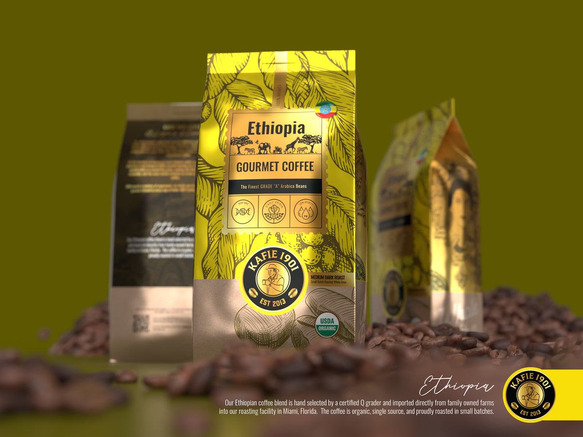 Kafie 1901 Ethiopia single origin organic coffee bag displayed with roasted whole beans