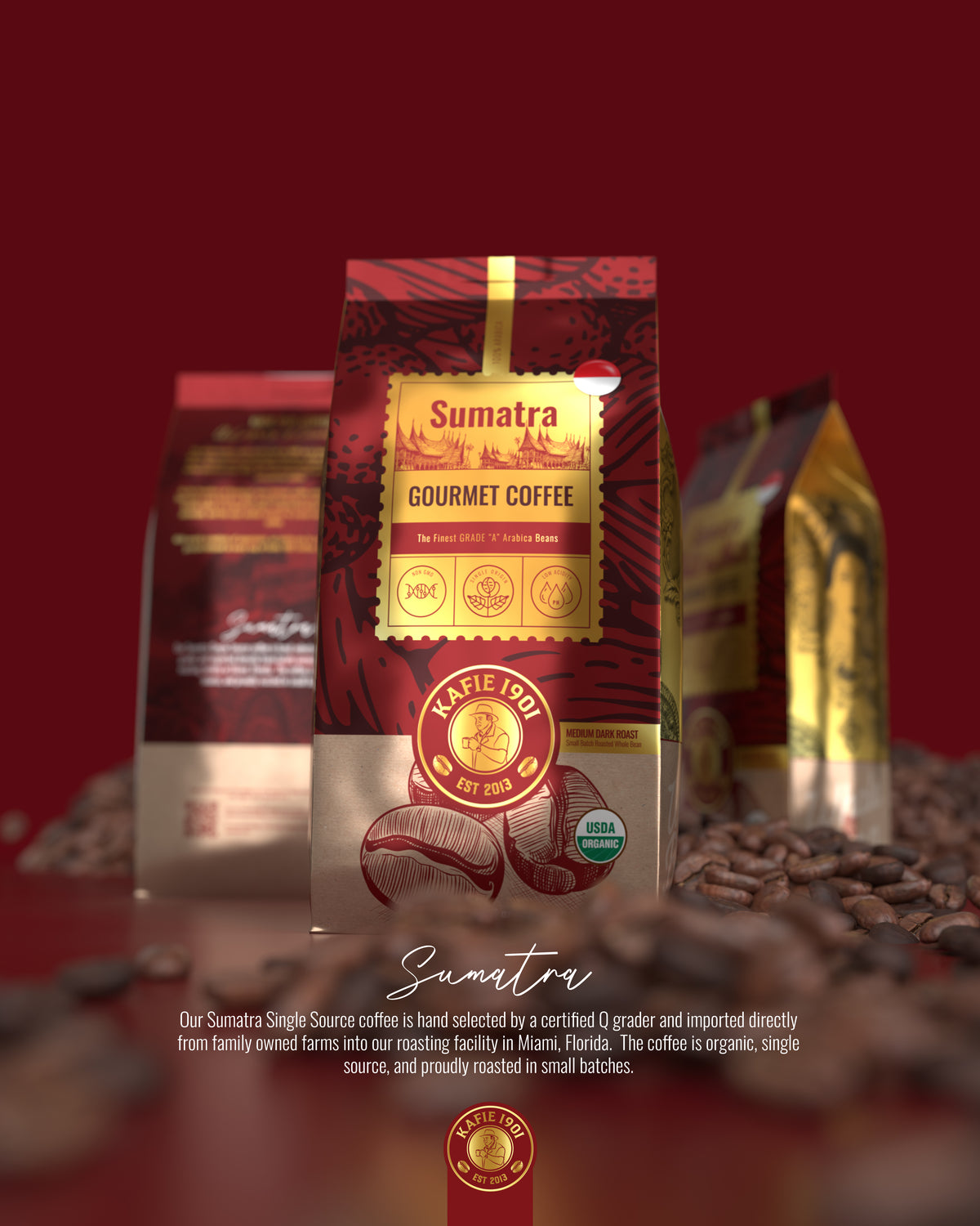 Kafie 1901 Sumatra Mandheling gourmet coffee bag, USDA Organic low acid 100% Arabica whole bean