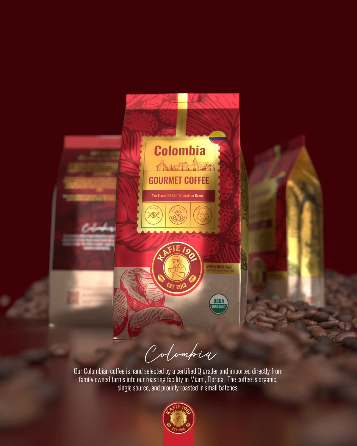 Kafie 1901 Colombia Supremo gourmet coffee bag, USDA Organic 100% Arabica whole bean