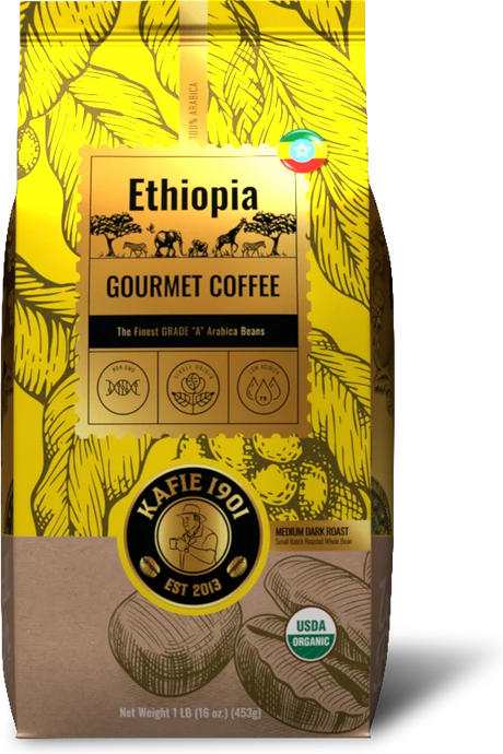 Organic Ethiopia Sidamo whole bean coffee, 1 lb bag, medium roast by Kafie 1901