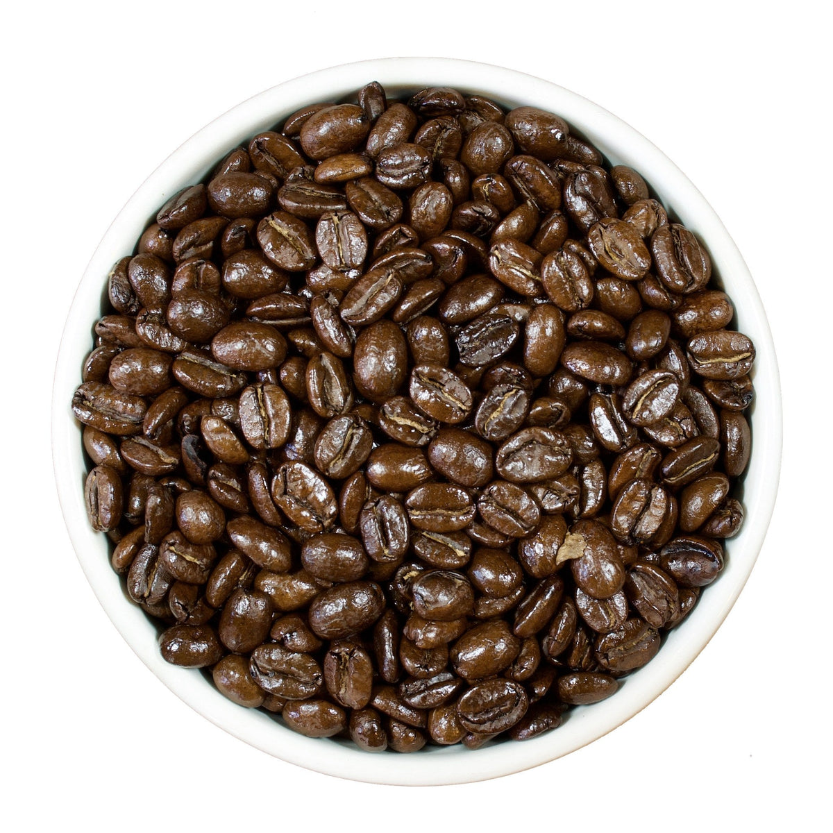 Roasted Colombian Supremo coffee beans showing the medium dark roast color, whole bean